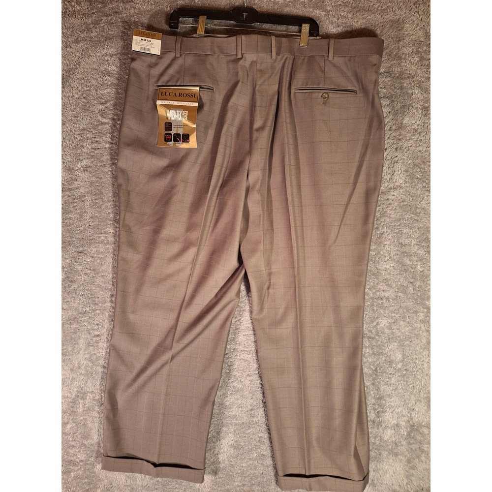 Luca Rossi Mens Plaid Wrinkle Resistant Slacks Trousers W48 I30 Taupe Capri NEW - Picture 2 of 12